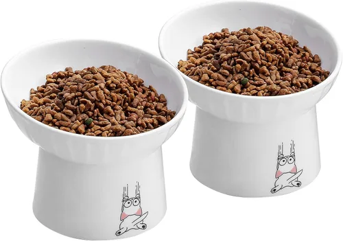 Cuencos elevados de cerámica para gatos de 16.5 cm de ancho extra, juego de 2 cuencos inclinados para comida y agua, de porcelana, sin estrés, para