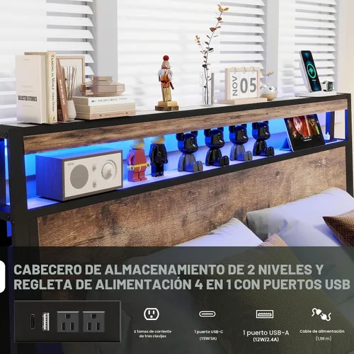 Miniatura 2 de Base de cama tamaño Queen con 4 cajones de almacenamiento y cabecero con estación de carga y luces LED, 2 niveles de almacenamiento de cabecera