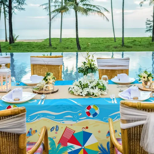 Miniatura 5 de Gatherfun Suministros para fiestas temáticas de playa, mantel desechable de plástico impermeable para fiestas hawaianas, decoraciones de cumpleaños