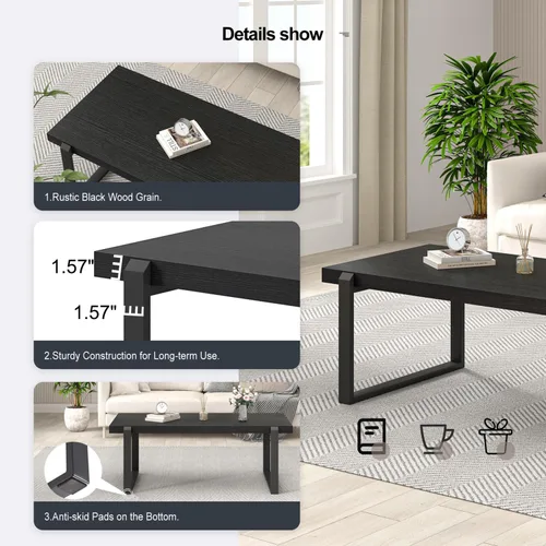 Miniatura 5 de EXCEFUR - Mesa de café moderna negra, mesa de centro industrial de madera y metal para sala de estar, mesa de té y cóctel rectangular, roble negro