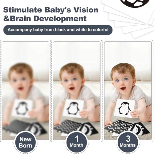 Miniatura 5 de Juguetes para recién nacidos, juguetes para bebés de alto contraste en blanco y negro, de 0 a 6 meses, con tarjetas sensoriales y sonajero, esencial