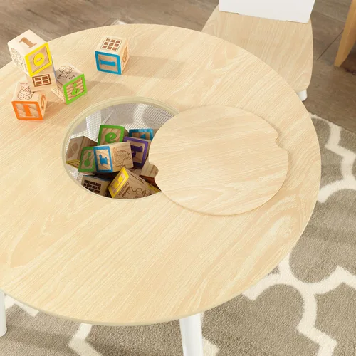 Miniatura 4 de KidKraft Conjunto de mesa de almacenamiento redondo y 2 sillas - Natural y blanco, 23.5 x 23.5 x 17.3