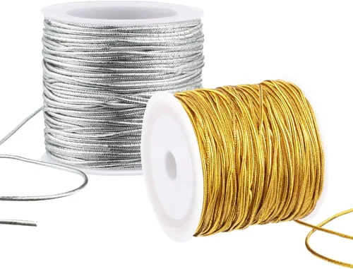 Miniatura 7 de 2 rollos de cordones elásticos metálicos, cinta metálica de oropel para hacer manualidades, envoltura de regalos, 0.039 in, 55 yardas Plata