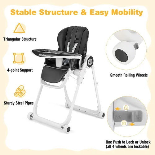 Miniatura 6 de BABY JOY Silla alta para bebés y niños pequeños, silla alta plegable con respaldo/reposapiés/altura del asiento, bandejas extraíbles dobles, cojín