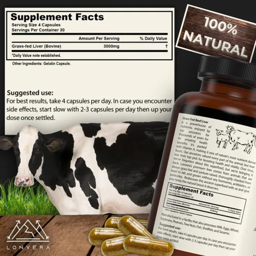 Miniatura 5 de Lonvera Suplemento de Hígado de Res Alimentado con Pasto – 3000 mg de Órganos Desecados Liofilizados – Fuente de Nutrientes para Articulaciones