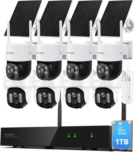XMARTO Paquete de sistema de seguridad de 8 cámaras, NVR expandible 4K de 10 canales con disco duro de 1 TB, 4 cámaras de seguimiento de doble lente