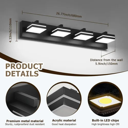 Miniatura 2 de Joossnwell Luz de Tocador de Baño (4 Luces, 26.77 Pulgadas) Luminarias de Baño Negras Sobre Espejo LED Iluminación Moderna de Tocador Luces de Baño