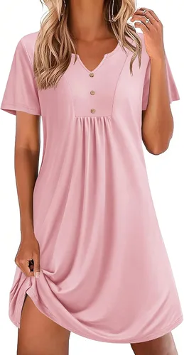 Miniatura 16 de Ekouaer Camisones para mujer de algodón Vestidos de noche Plisados Camisones Henley Cuello en V Camisas de dormir de manga corta Ropa de dormir