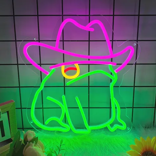Señal de neón de rana vaquera, señal de neón LED de sapo vaquero para decoración de pared, señal de luz de neón regulable para dormitorio, sala de