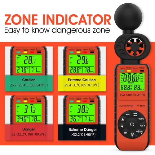 Miniatura 5 de Anemómetro medidor de estrés por calor, termómetro de globo de bombilla húmeda para exteriores WBGT para velocidad del viento/humedad/alarma WBGT