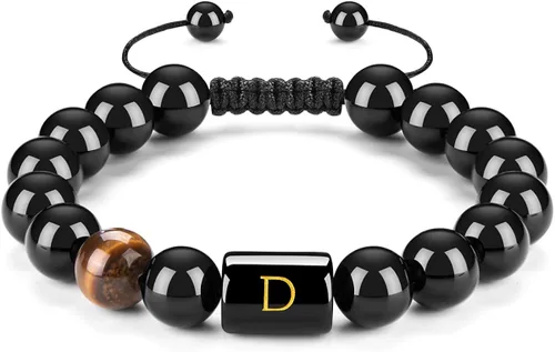 FRG Brazalete con letra inicial del nombre, hecho a mano, las cuentas son de ónix negro u ojo de tigre, la cuerda es trenzada, un brazalete lleno de