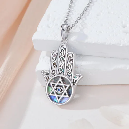 Miniatura 34 de PROESS Collar de plata de ley Hamsa Fátima collar de elefante, colgante de ojo azul, joyería para hombres, mujeres, niñas y niños