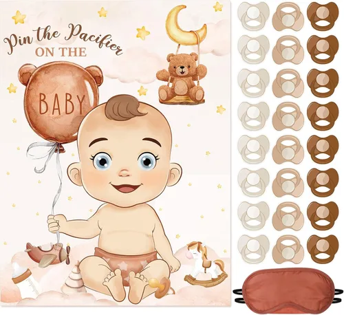 Miniatura 8 de Faccito Pin The Chupete - Juego de baby shower, decoración de fiesta de baby shower, incluye póster grande, 24 calcomanías para chupete, juego