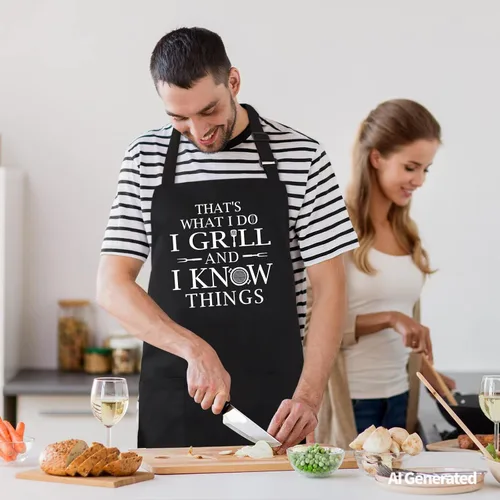 Miniatura 6 de Divertidos delantales de parrilla para hombres, delantal de cocina para barbacoa con 2 bolsillos, correa ajustable para el cuello y lazos de 40