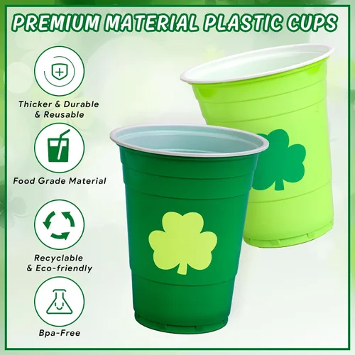 Miniatura 3 de FYSUIMU 50 vasos de plástico del día de San Patricio de 16 onzas desechables con trébol verde, vasos apilables para fiestas irlandesas, suministros