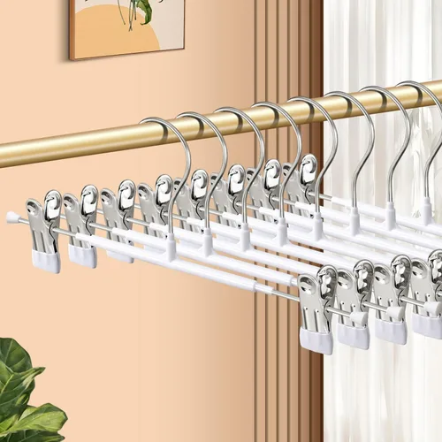 Miniatura 9 de Paquete de 10 perchas resistentes de 12 pulgadas para faldas y pantalones con clips, perchas de metal para pantalones de mezclilla, color negro