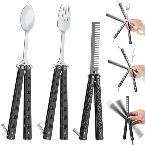 Eaasty Juego de 3 piezas de peine de mariposa, tenedor y cuchara, cuchara plegable táctica de acero inoxidable para camping, caza, viajes al aire