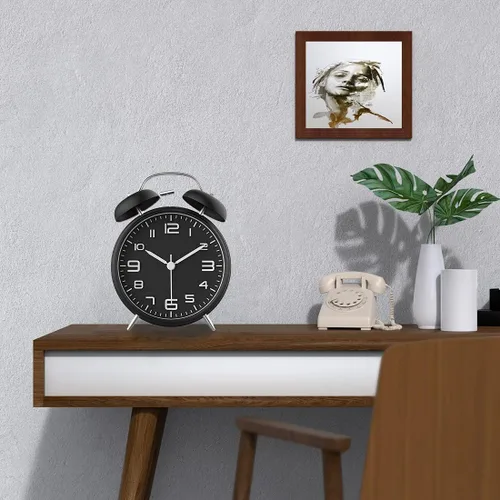 Miniatura 2 de Azyh Reloj despertador ruidoso para adultos que duermen pesados, de metal de 4 pulgadas, doble campana, funciona con pilas, para decoración de Negro