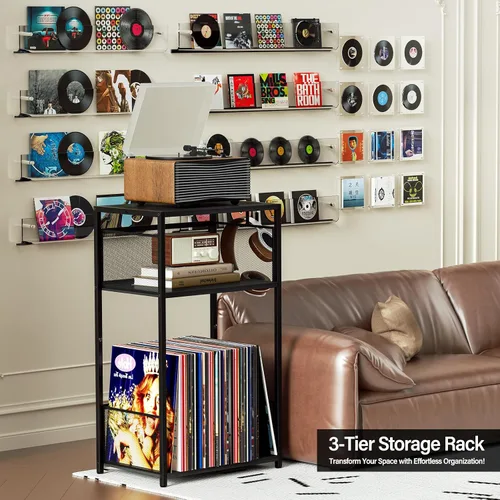 Miniatura 6 de Aduanbang Mesa auxiliar de 3 niveles, soporte para tocadiscos con almacenamiento de hasta 100 álbumes, soporte giratorio para vinilo, estante