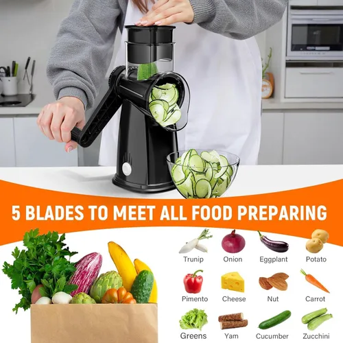 Miniatura 3 de Rallador giratorio de queso con manivela manual con 5 cuchillas intercambiables, picadora de verduras, rebanadora espiralizadora para frutas, Negro