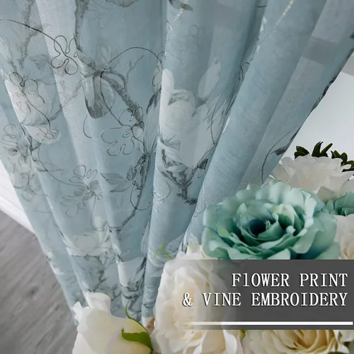 Miniatura 3 de Tollpiz - Cortinas cortas florales azules transparentes, con diseño de flores y enredaderas bordadas, cortinas de media cocina para café