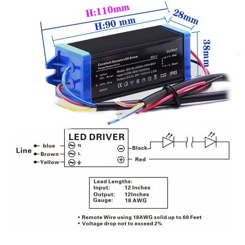 Miniatura 3 de Transformadores/conductor de corriente constante al aire libre de 50W, AC85-265V, DC24-36V 1500mA aislado, IP65 impermeable, adaptador de fuente