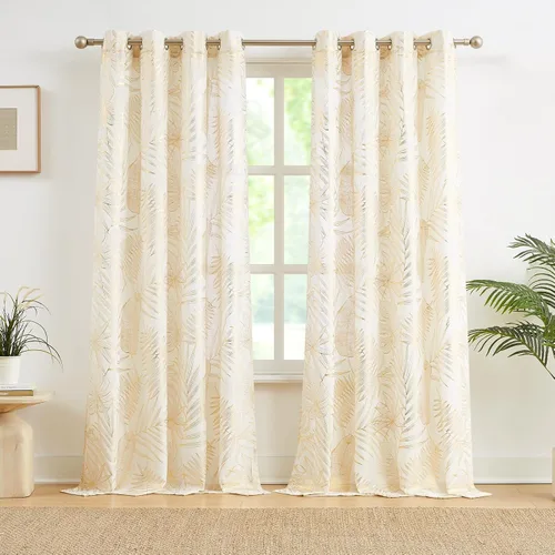 Cortinas de lino con estampado de hojas doradas para sala de estar y dormitorio, cortinas semitransparentes con hojas tropicales para filtrar la