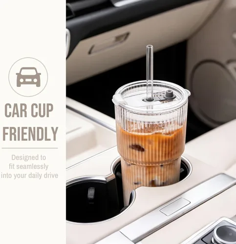 Miniatura 7 de SoulTimes Juego de 2 vasos de vidrio acanalados y florales de 20 onzas, vasos de vidrio reutilizables con tapa y popote de vidrio, tazas de café