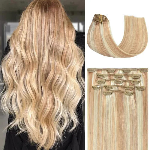 Miniatura 44 de Honsoo Extensiones de cabello humano real de color marrón con pinzas, marrón castaño, 15 pulgadas, 70 g, 7 unidades, cabello lacio sedoso y marrón