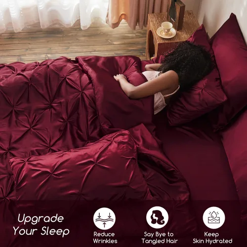 Miniatura 4 de MR&HM Edredón de satén California King de 7 piezas, color burdeos, lujoso juego de ropa de cama plisado con edredón, sábana encimera, sábana bajera