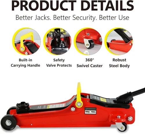 Miniatura 4 de Gato hidráulico de perfil bajo con bolsa de almacenamiento, de acero, bomba de elevación rápida de un solo pistón, rojo, rango de elevación de 3.3 a