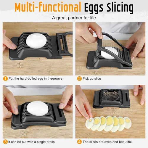 Miniatura 4 de Cortador de huevos para huevos duros, alambre de acero inoxidable, cortador de huevos de aluminio resistente multiusos para huevos, ensaladas, Negro
