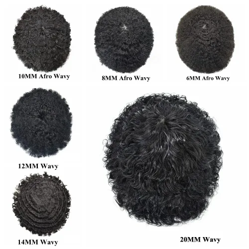 Miniatura 7 de Pelucas negras Afro Toupee de 0.236 pulgadas para hombre, con ondas afro de piel de polietileno, inyección de poliuretano, sistema de reemplazo
