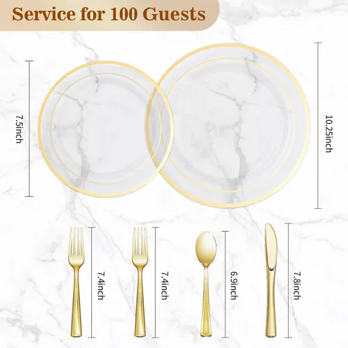 Miniatura 4 de BESTVIP Juego de 600 platos de plástico dorado transparente (para 100 invitados), platos de plástico para fiesta, boda, cumpleaños, juego de vajilla