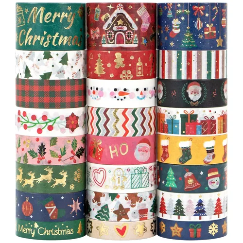 Ieebee Juego de 24 Rollos de Cinta Washi Navideña - Cinta Decorativa de Lámina Dorada para Suministros de Scrapbooking, Suministros de Diario de