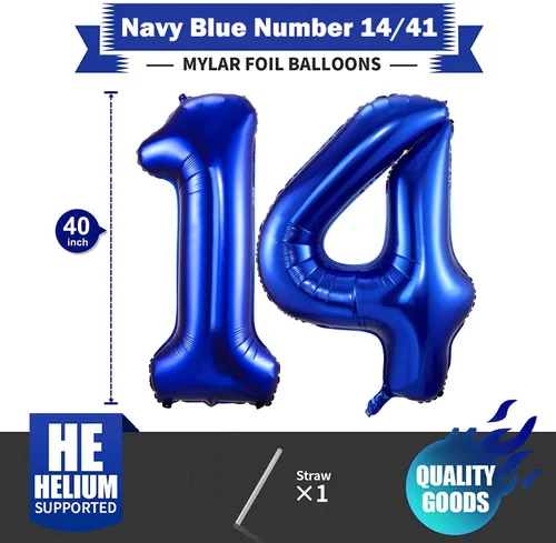 Miniatura 2 de Globos de color azul marino con el número 14, globos de cumpleaños de 40 pulgadas, color azul oscuro, globos de cumpleaños de 14 o 41 pulgadas, Azul