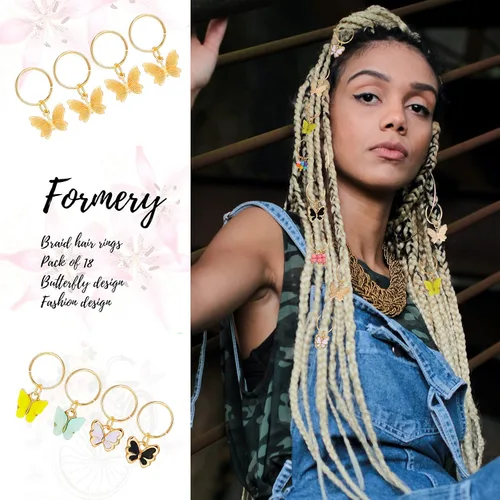 Miniatura 3 de WILLBOND - 18 piezas de joyería dorada para trenzas de cabello de mariposa, anillos trenzados, joyería colorida para rastas de rastas, regalos