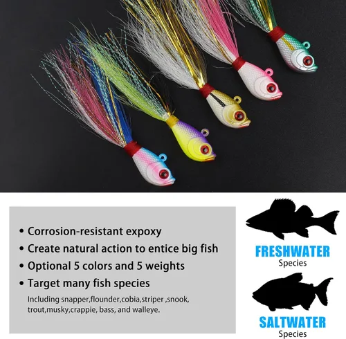 Miniatura 5 de Bucktail Jigs - Señuelo de agua salada para platija de bajo, 5 piezas de cola de cubo para cabello de cola de cubo, anzuelos de cola de cubo