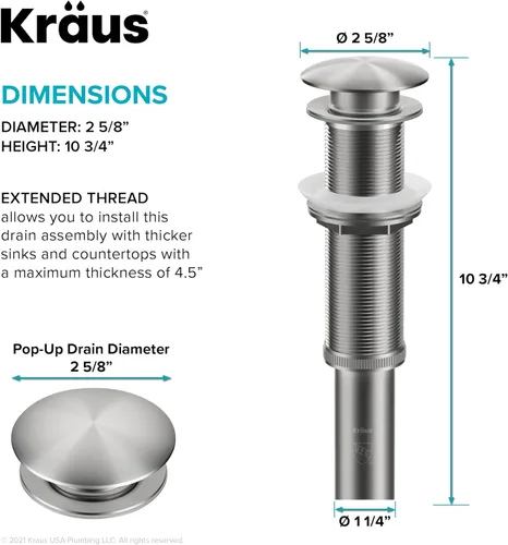 Miniatura 4 de KRAUS Desagüe emergente para lavabo de baño con rosca extendida para encimeras más gruesas y lavabos de vidrio en acero inoxidable sin manchas