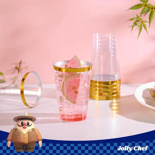 Miniatura 5 de JOLLY CHEF Paquete de 100 vasos de plástico desechables dorados, vasos de plástico transparente de 12 onzas, elegantes vasos desechables con borde