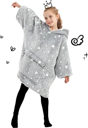 Miniatura 3 de Manta portátil de sherpa con capucha, para niños, todos los patrones, de gran tamaño, sudadera con bolsillos, 6-10 años Brilla en la oscuridad gris
