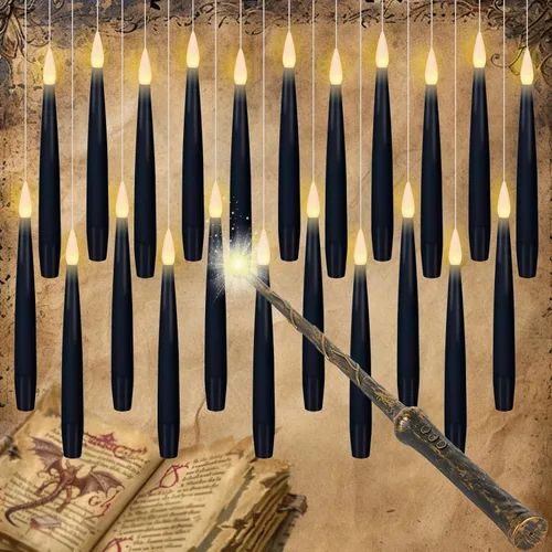 Miniatura 8 de GenSwin Velas cónicas sin llama de Halloween en negro con candelabros de mano de fantasma y temporizador remoto, 2 piezas de velas cónicas operadas