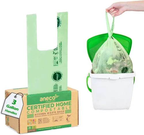 Miniatura 18 de (Incluye 10 bolsas adicionales) ANECO - Bolsas de basura 100% compostables de 2.6 galones, bolsas de compost pequeñas de cocina extra gruesas