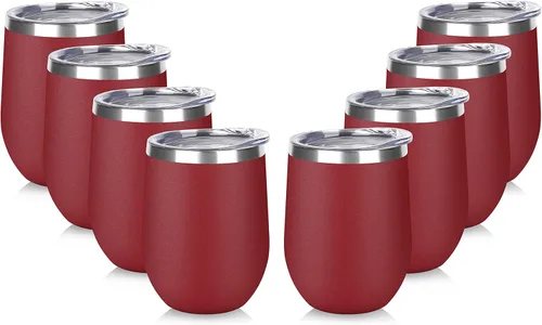 Miniatura 43 de DOMICARE - Juego de 8 vasos de vino de 12 onzas con tapa, hechos de acero inoxidable con aislamiento al vacío de doble pared, color celeste Azul