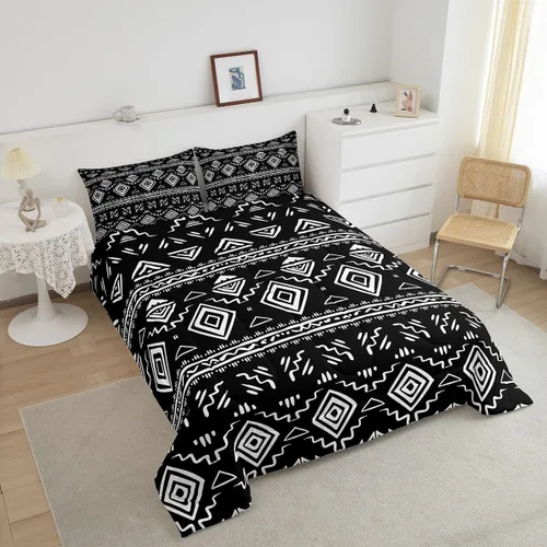 Miniatura 4 de Erosebridal - Juego de ropa de cama estilo tribal bohemio azteca, edredón con estampado étnico blanco y negro, bohemio, tamaño King, juego de Multi