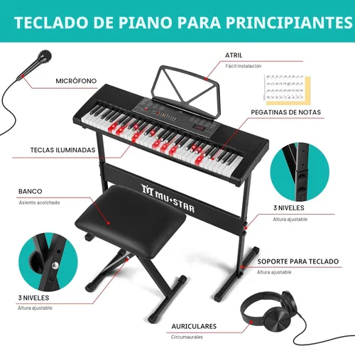 Miniatura 4 de MUSTAR Teclado de piano de 61 teclas, teclado de piano eléctrico con teclas iluminadas, teclado de aprendizaje para principiantes con soporte