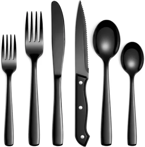 Hiware Juego de cubiertos negros de 48 piezas para cubiertos de acero inoxidable 18/10 con tenedores, cuchillos, cucharas, cuchillos para carne,