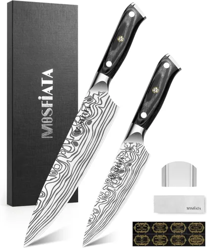 Miniatura 16 de MOSFiATA - Cuchillo de chef profesional súper afilado de 8 pulgadas con protector de dedos y sacapuntas, acero inoxidable alemán de alto carbono