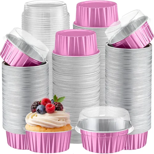 Miniatura 19 de Gejoy 400 Piezas Moldes de Papel de Aluminio para Hornear con Tapas 5 oz Moldes Desechables Ramekins Mini Moldes para Pasteles Crème Brûlée Moldes