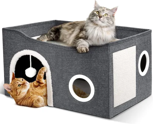 Heeyoo - Casa para gatos de interior, cueva grande con cama para gatos con bola esponjosa y almohadilla para arañar, casas y condominios plegables